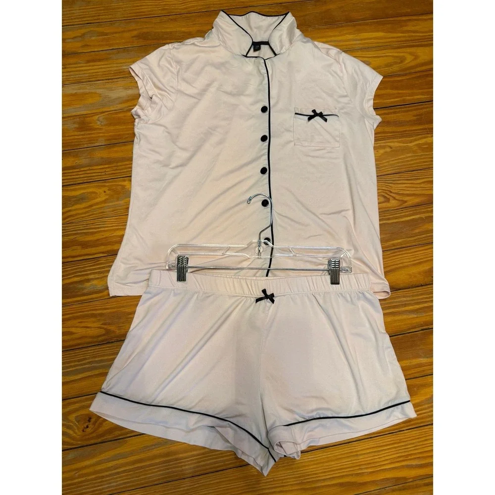 Cynthia Rowley Pink‎ W/Black Bow Tie Pajama Set Size Large